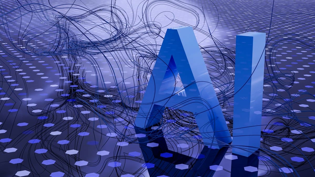 A glowing AI sign over a network