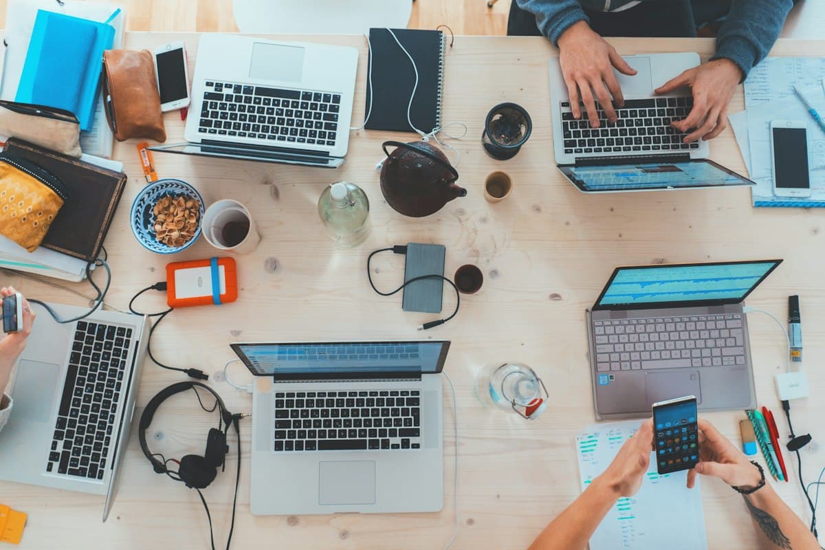 A team working around one table